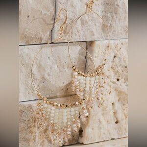 Elegant Gold and Cream Beaded Hoop Earrings